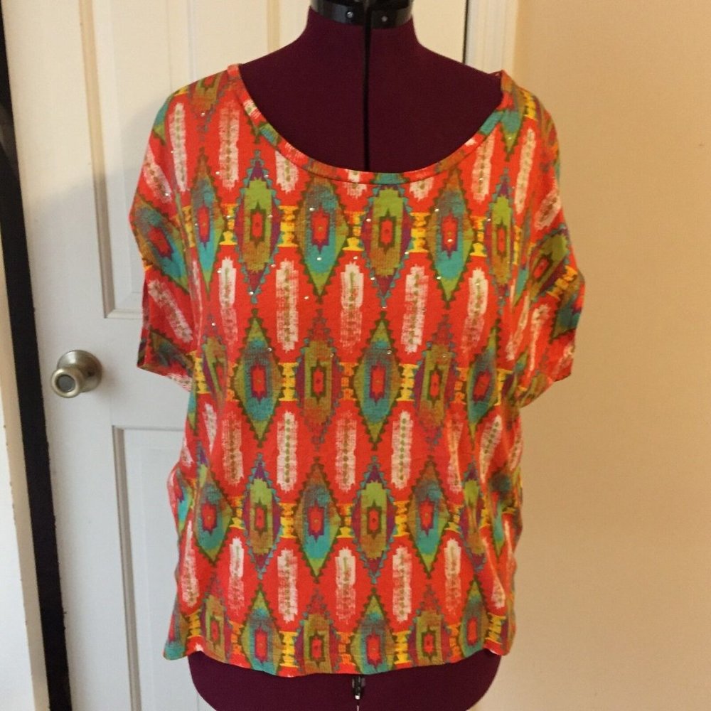 NEW DIRECTIONS HAVANA NIGHTS LADIES SIZE L BLOUSE PULLOVER TOP TRIBAL PRINT NEW